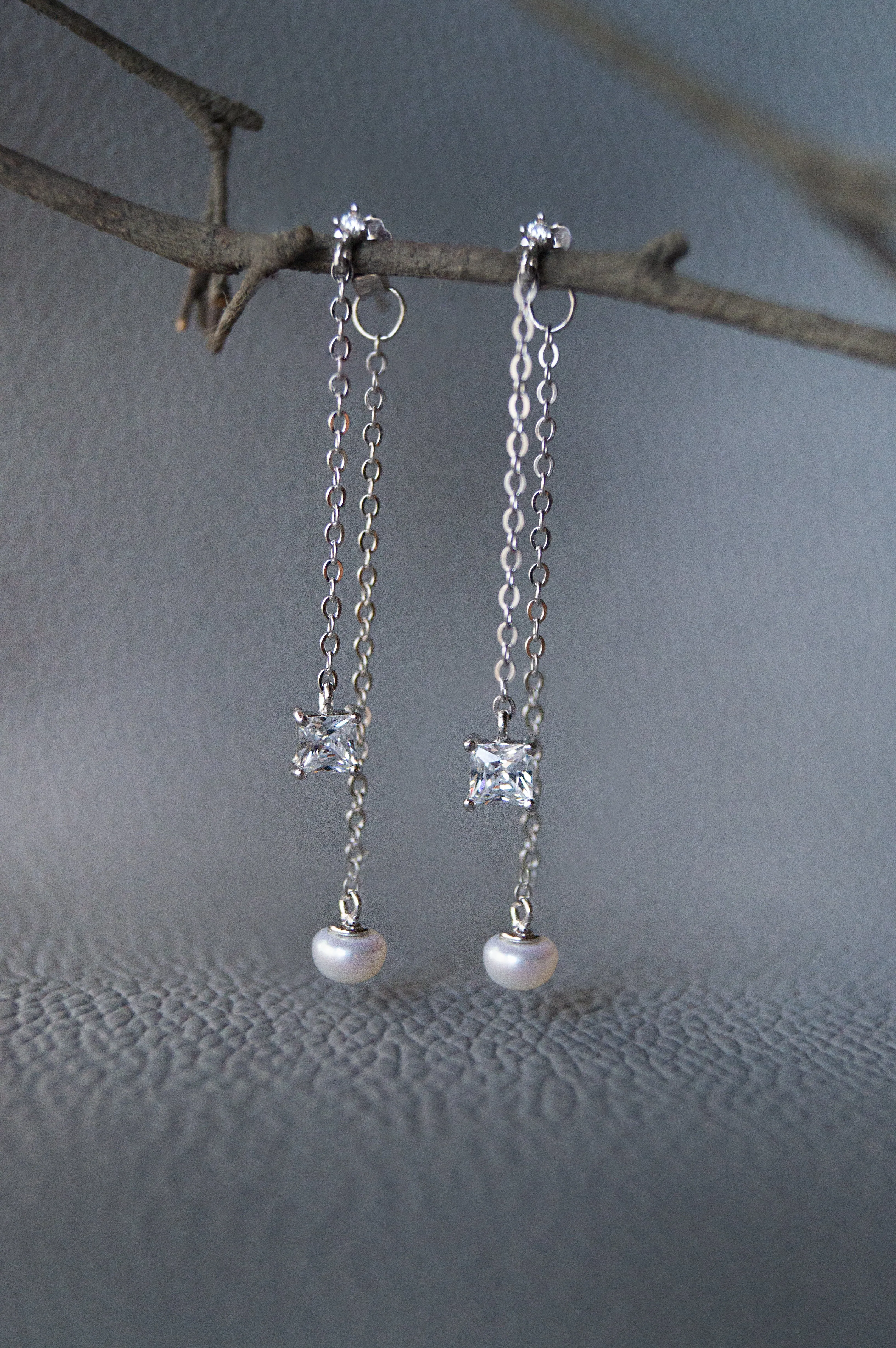 Two Way Chain Pearl Sterling Silver Dangler Earrings