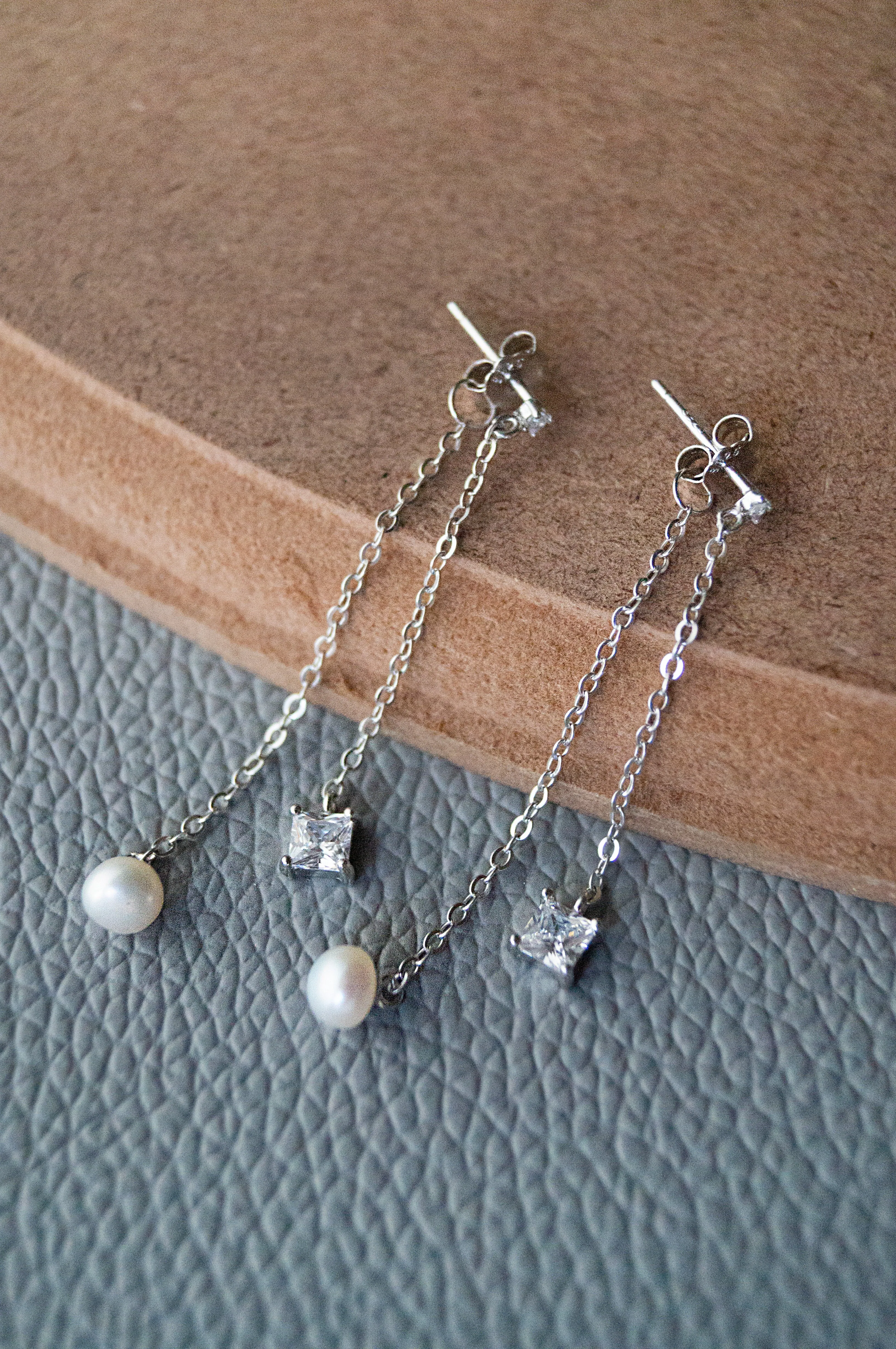 Two Way Chain Pearl Sterling Silver Dangler Earrings