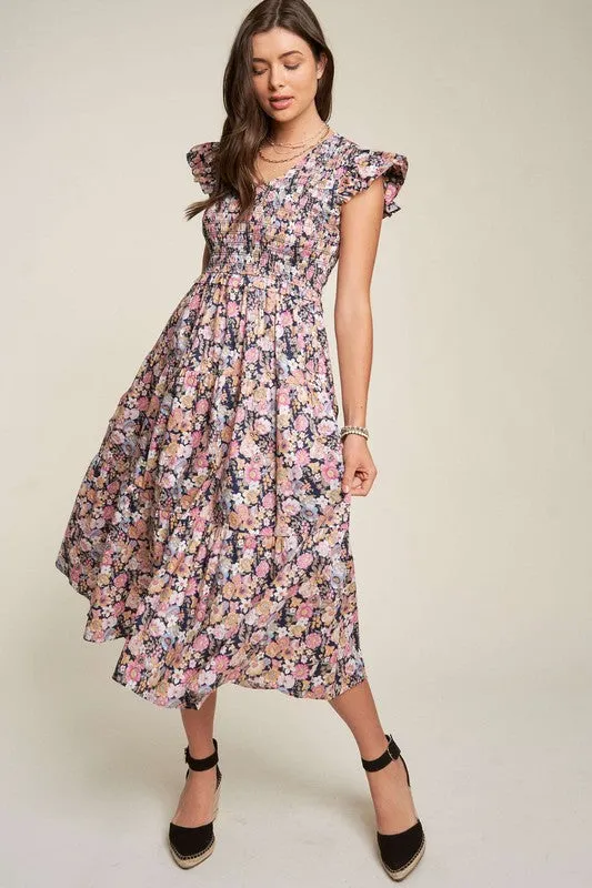 Vintage Garden Floral Midi Dress