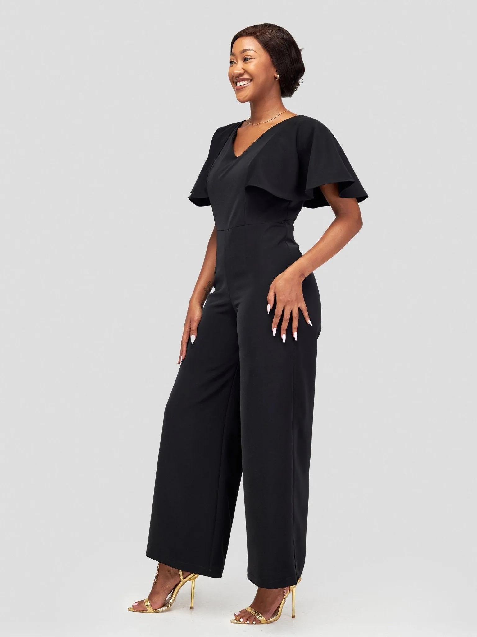 Vivo Sani Cape Sleeve V-Neck Jumpsuit - Black