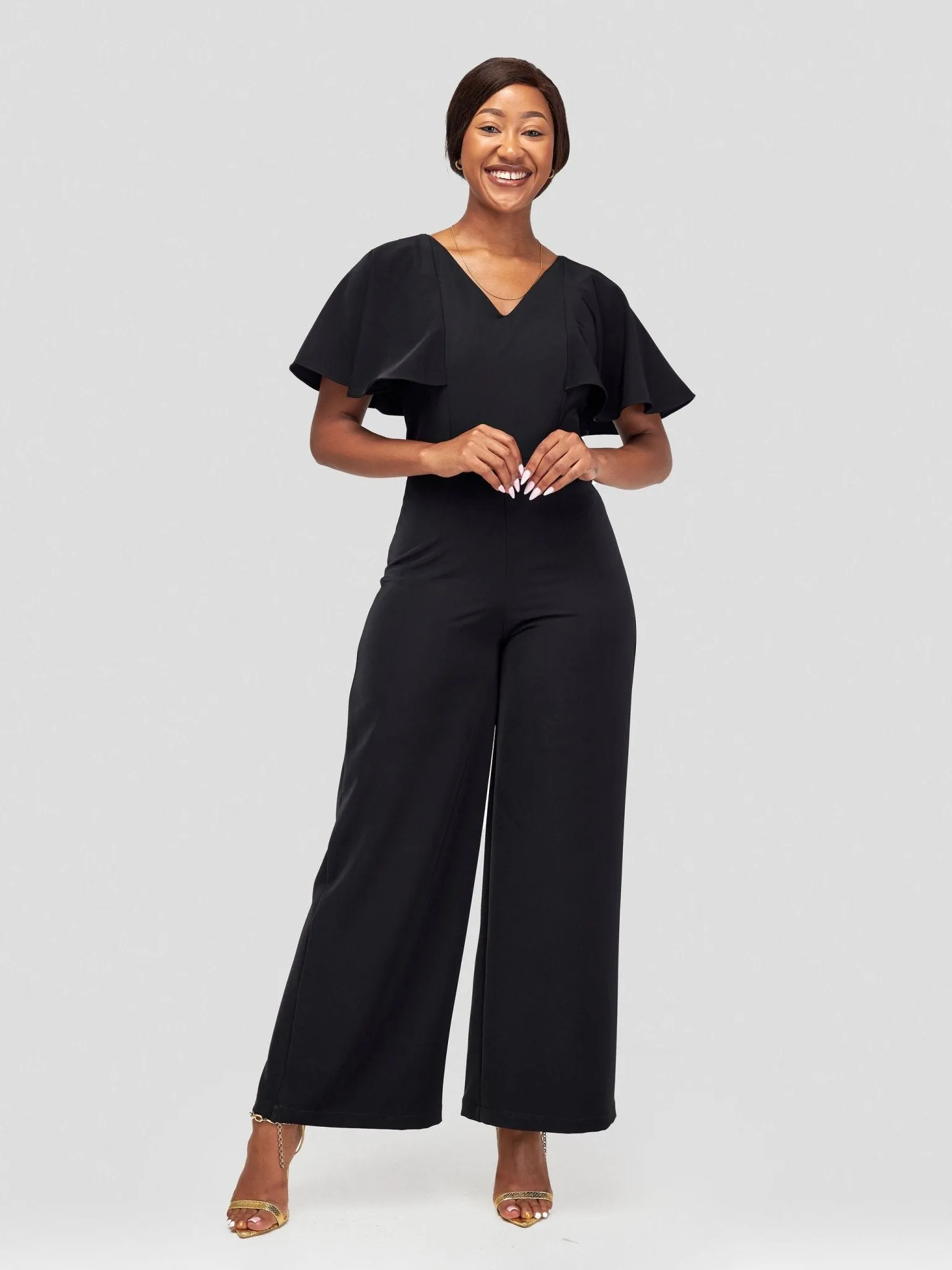 Vivo Sani Cape Sleeve V-Neck Jumpsuit - Black