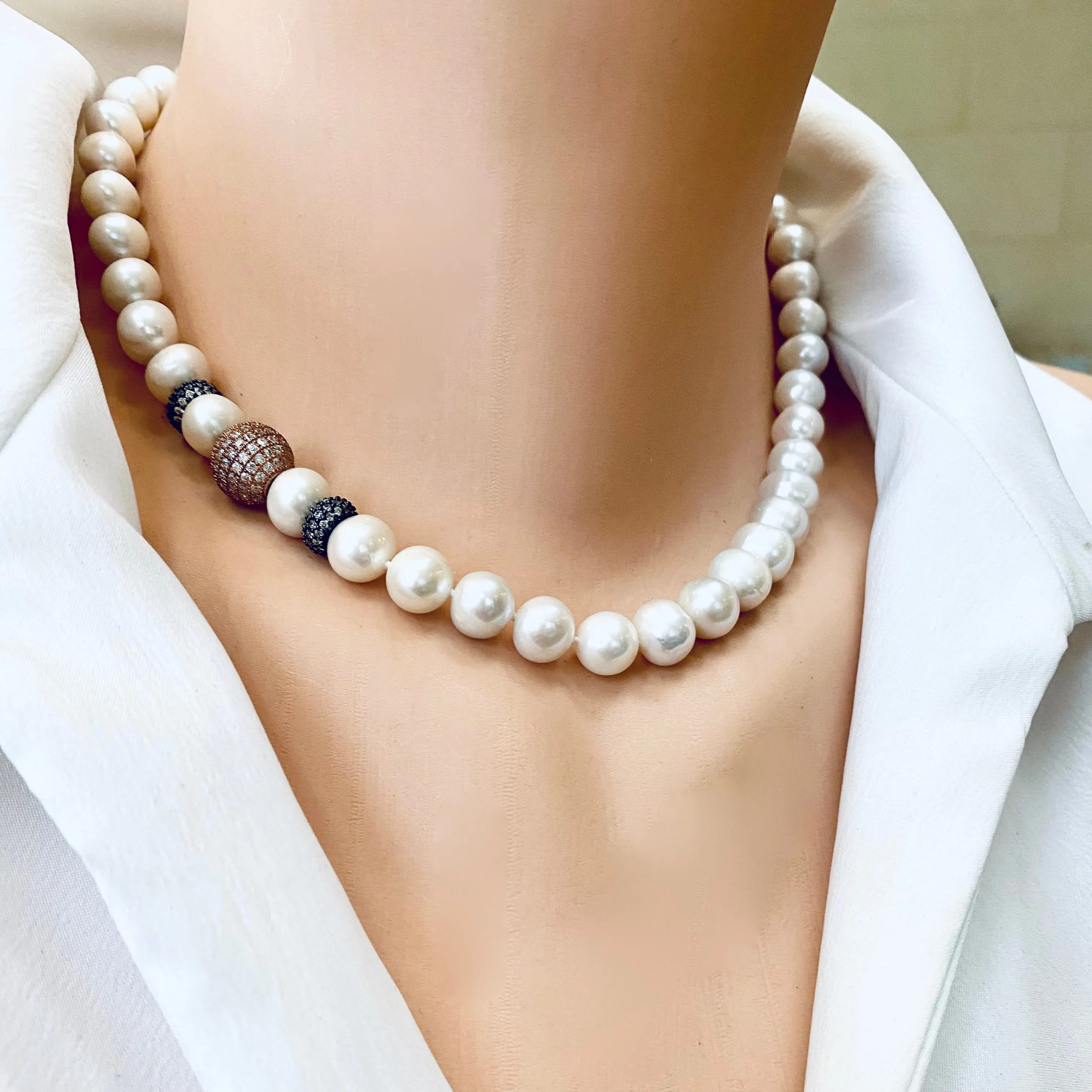 White Pearl Bridal Necklace, Rose Gold Vermeil and Black Rhodium Plated Silver Details, 17in