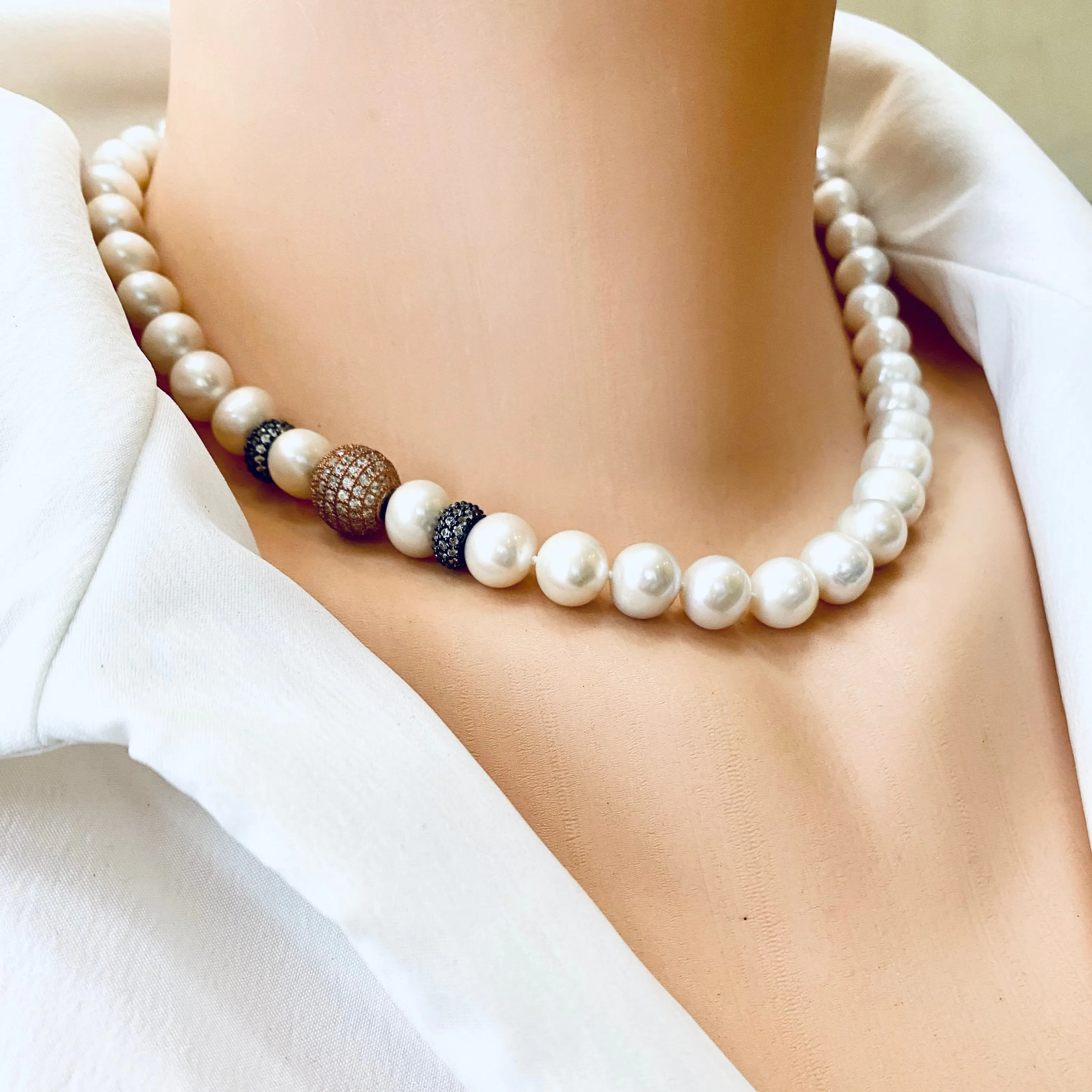 White Pearl Bridal Necklace, Rose Gold Vermeil and Black Rhodium Plated Silver Details, 17in