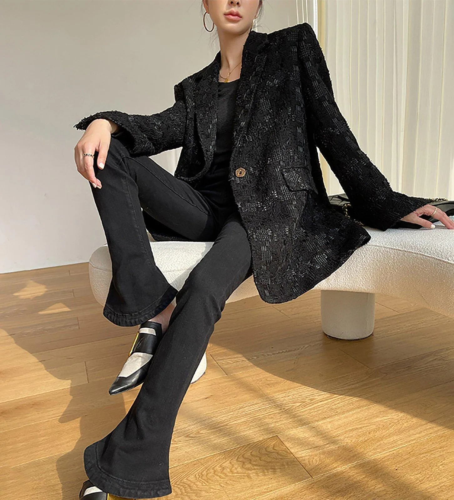 Women Black Wool Blazer,Oversize Wool suit jacket,Loose one button woolen Blazer,Tweed wool blazer Coat,Autumn Wool Suit,Winter Wool Coat,