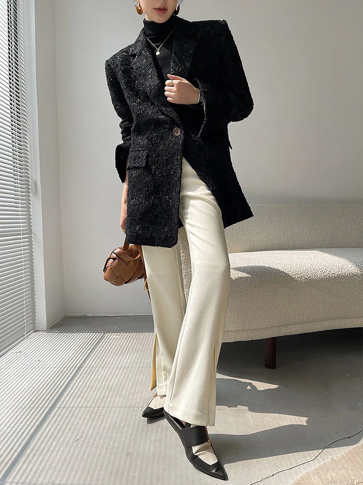 Women Black Wool Blazer,Oversize Wool suit jacket,Loose one button woolen Blazer,Tweed wool blazer Coat,Autumn Wool Suit,Winter Wool Coat,