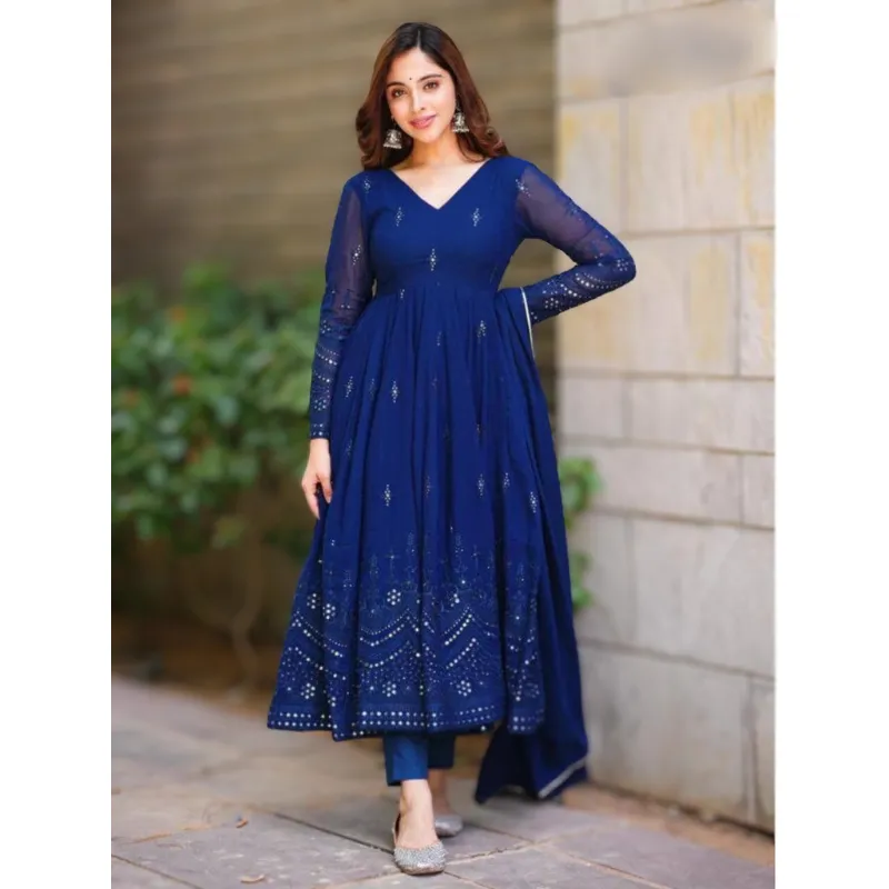 Women Blue Designer Gown with Dupatta set