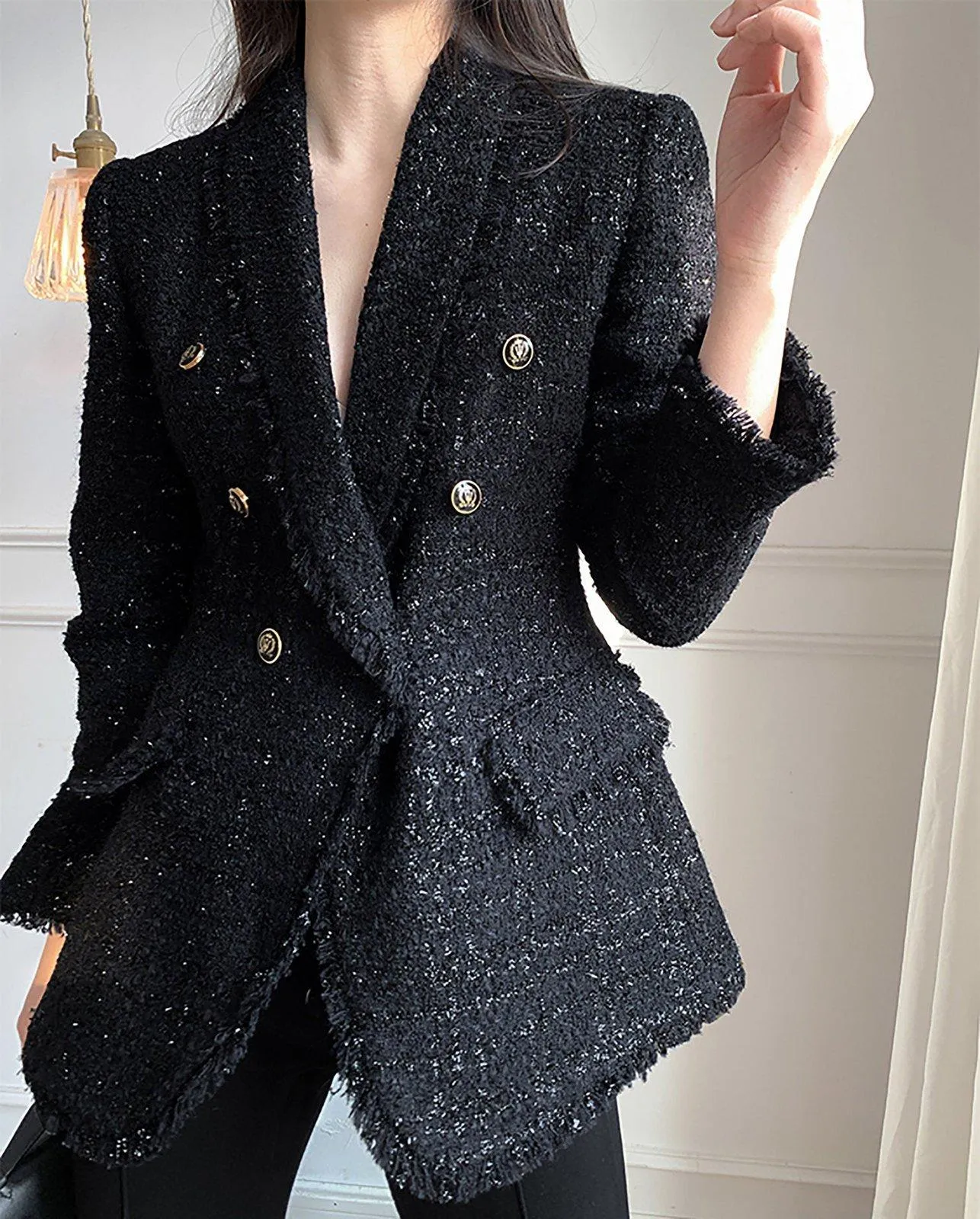 Women Tweed Blazer jacket,White Fitted Tweed Jacket,Black Tweed Blazer Suit,Double breasted Coat,Autumn Winter Jacket Coat,Wedding Suit