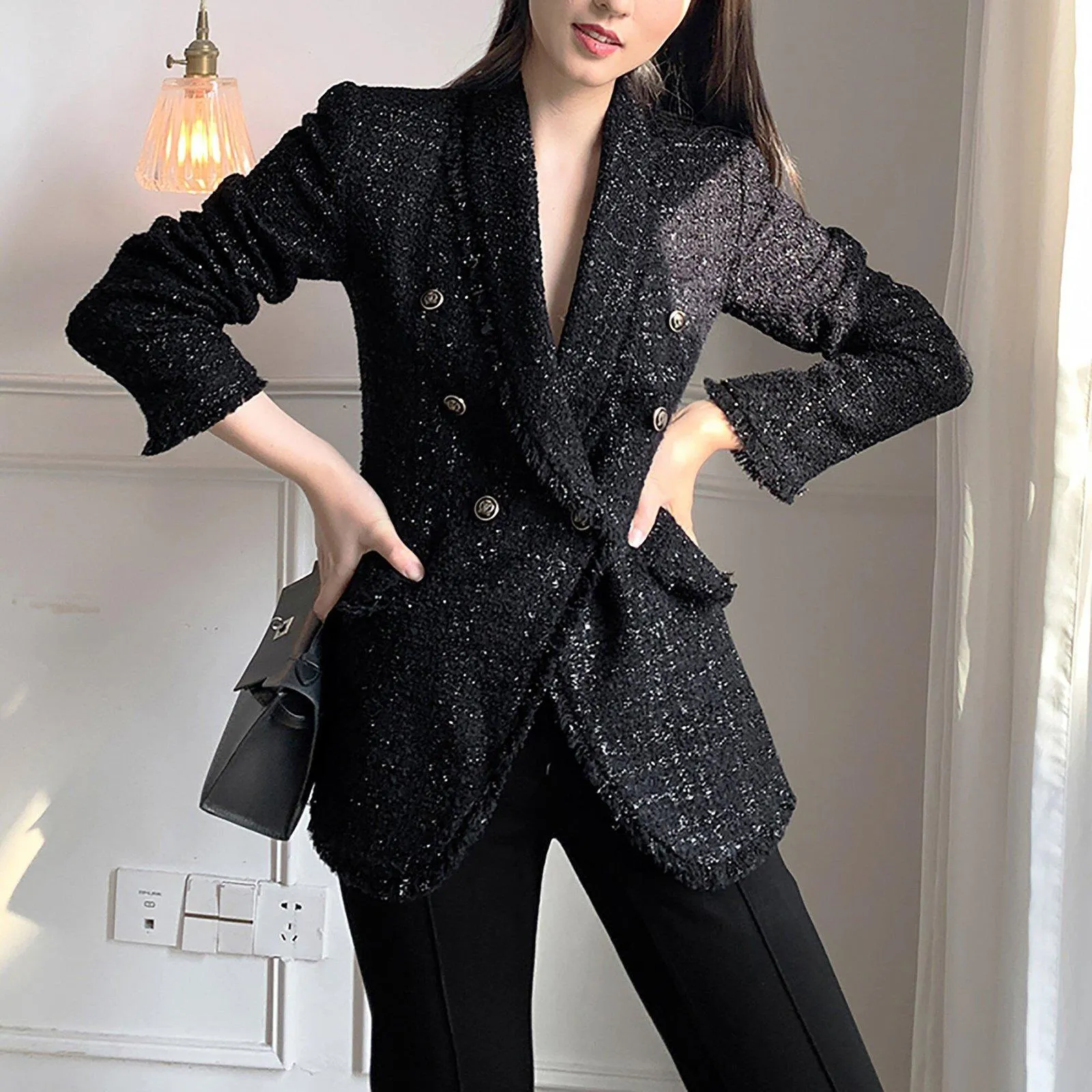 Women Tweed Blazer jacket,White Fitted Tweed Jacket,Black Tweed Blazer Suit,Double breasted Coat,Autumn Winter Jacket Coat,Wedding Suit