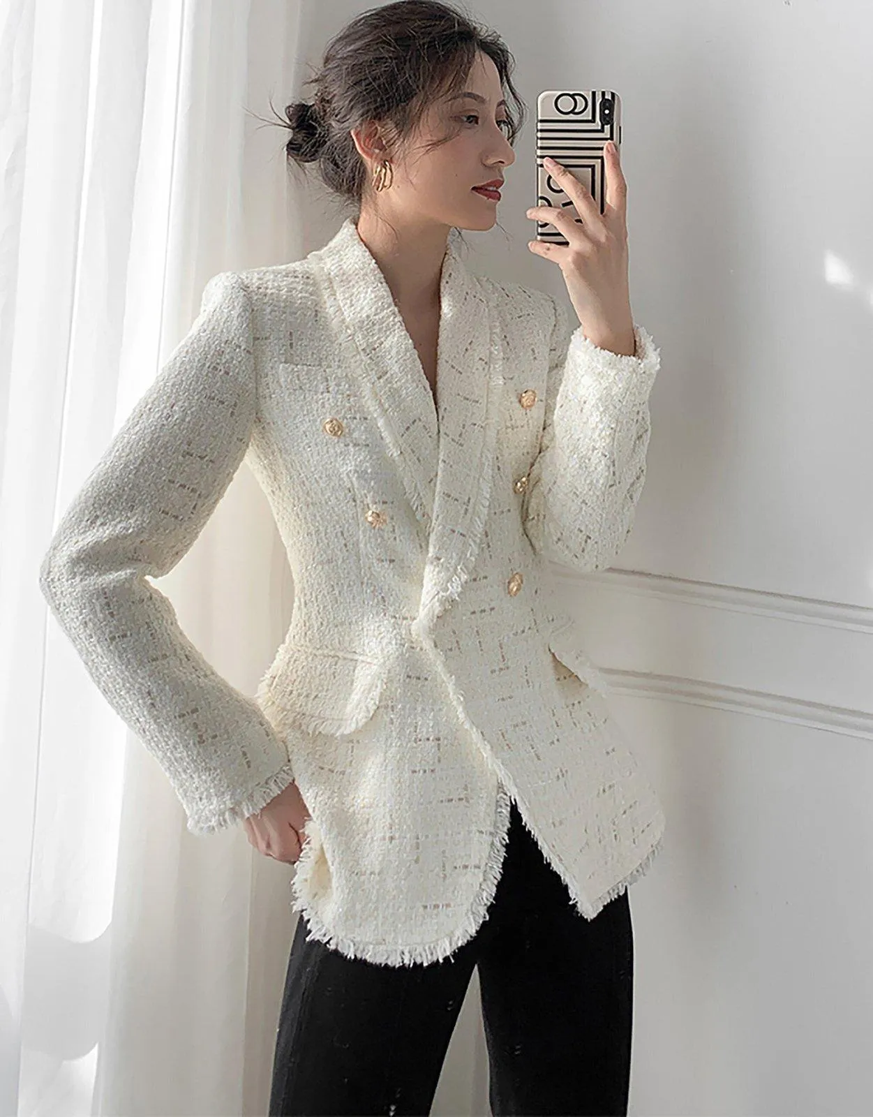 Women Tweed Blazer jacket,White Fitted Tweed Jacket,Black Tweed Blazer Suit,Double breasted Coat,Autumn Winter Jacket Coat,Wedding Suit