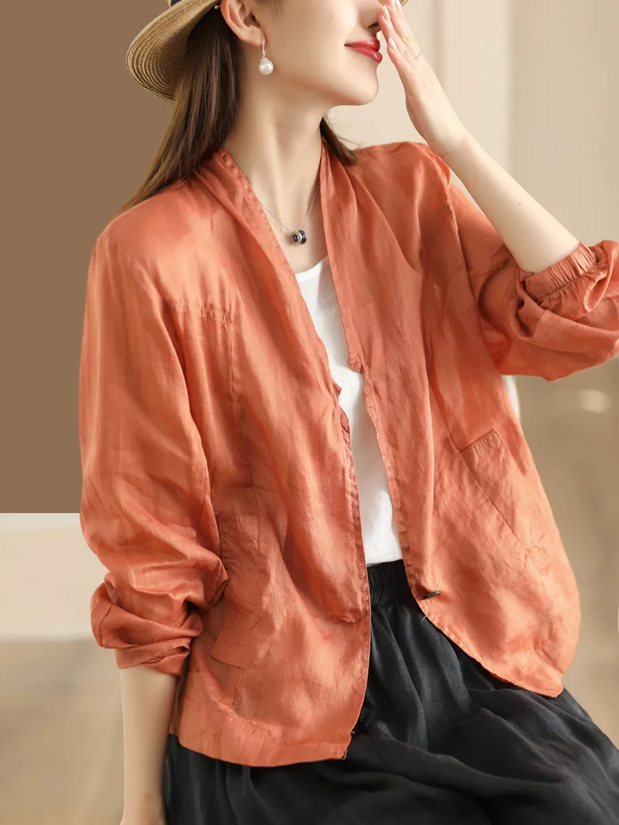 Women Vintage Solid Summer Ramie Thin Cardigan Shirt Coat SC1056