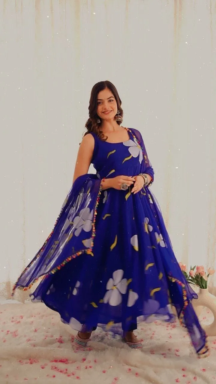 Women's Blue Party wear Gown with Dupatta Suit