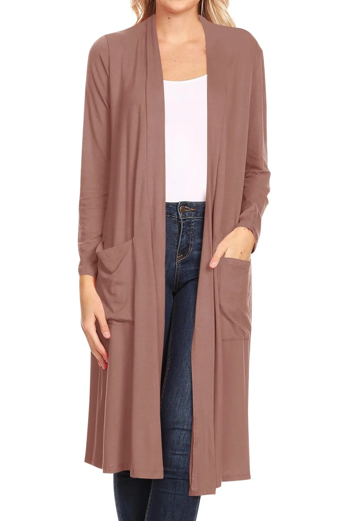 Women's Casual Loose Fit Open Front Side Pockets Solid Soft Long Cardigan