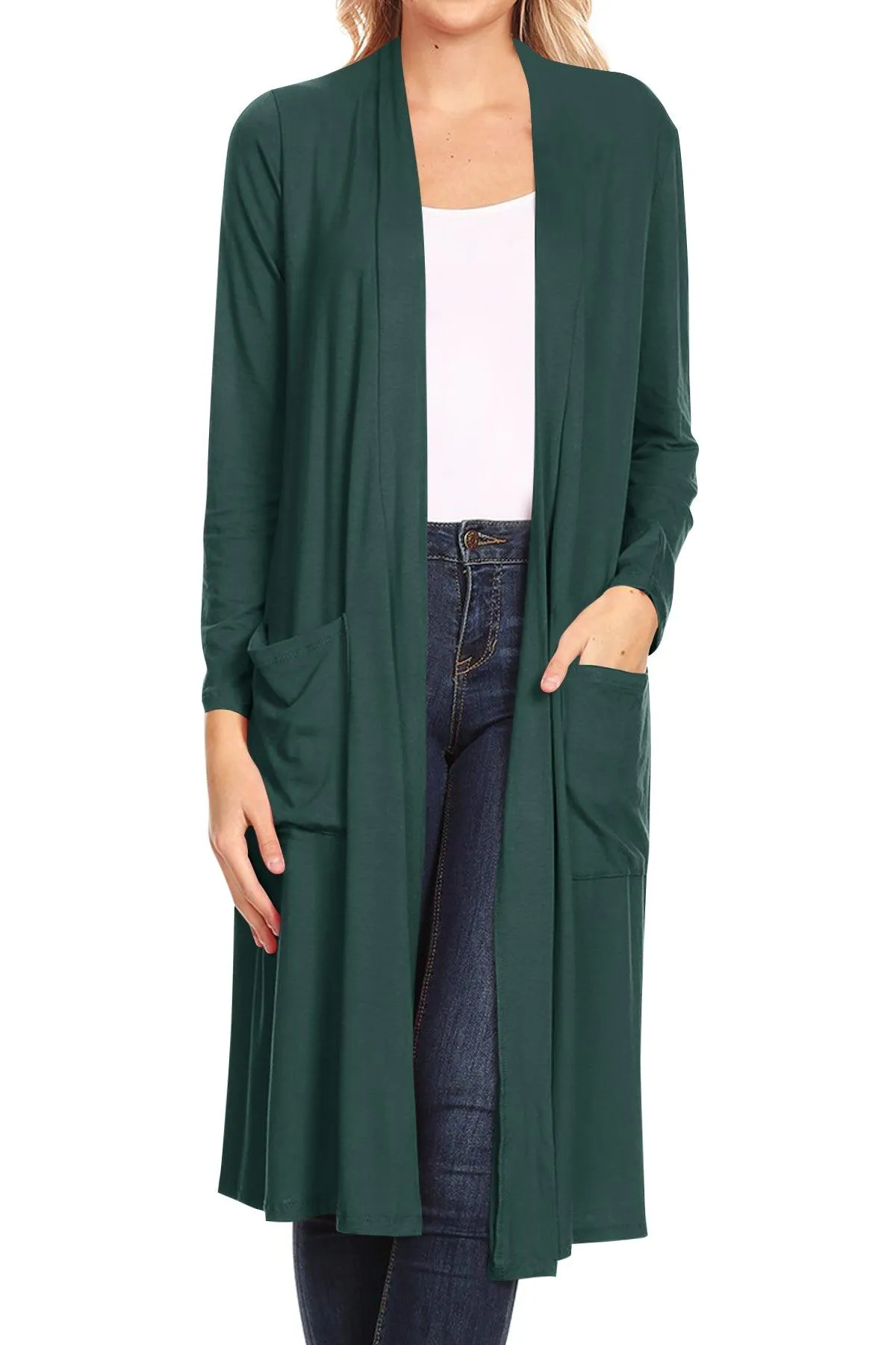 Women's Casual Loose Fit Open Front Side Pockets Solid Soft Long Cardigan