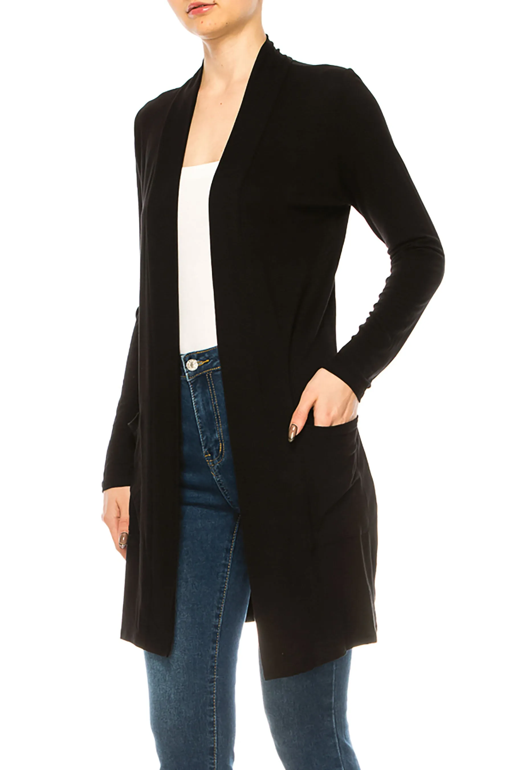 Women's Casual Open Front Basic Long Sleeves Side Pockets Solid Cardigan