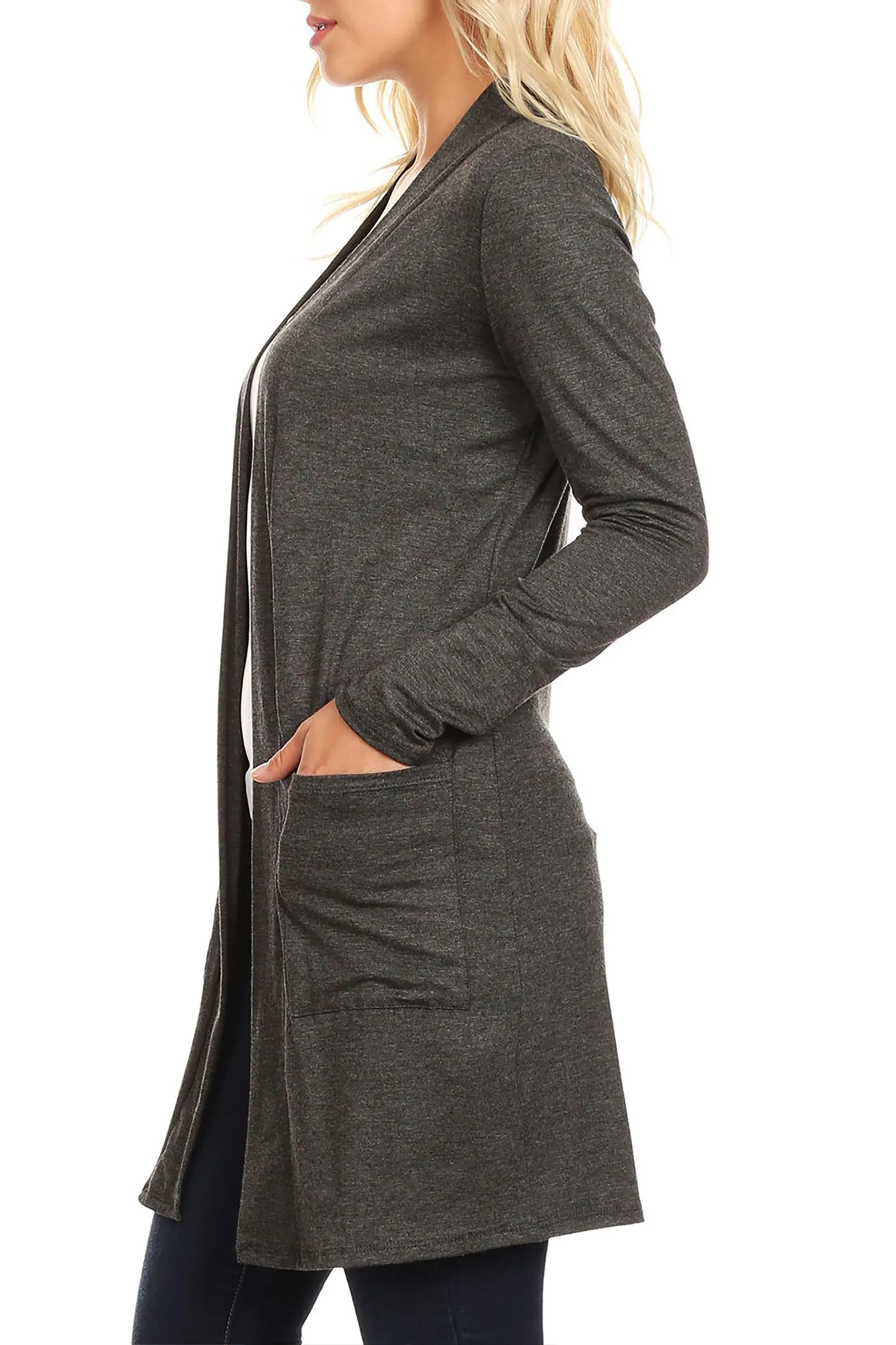 Women's Casual Open Front Basic Long Sleeves Side Pockets Solid Cardigan