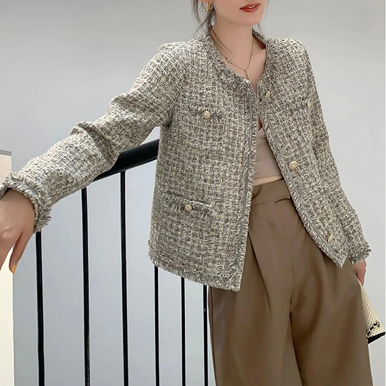 Women's Gray tweed jacket,Button-Up Blazer,Tweed Crop Jacket,Fall coat for women,Tweed Knit Jacket,Warm Jacket,Tweed Tops,Blazer jacket,B104