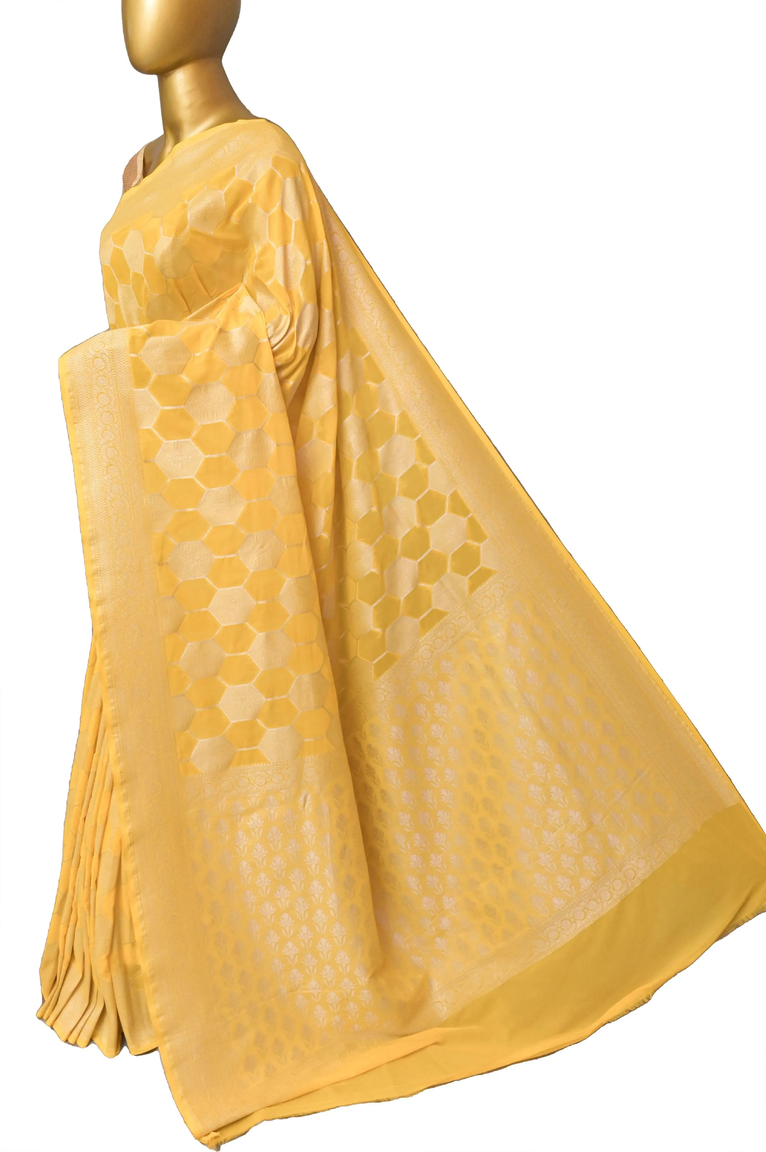 Yellow Color Georgette Banarasi Saree with Silver Zari Work