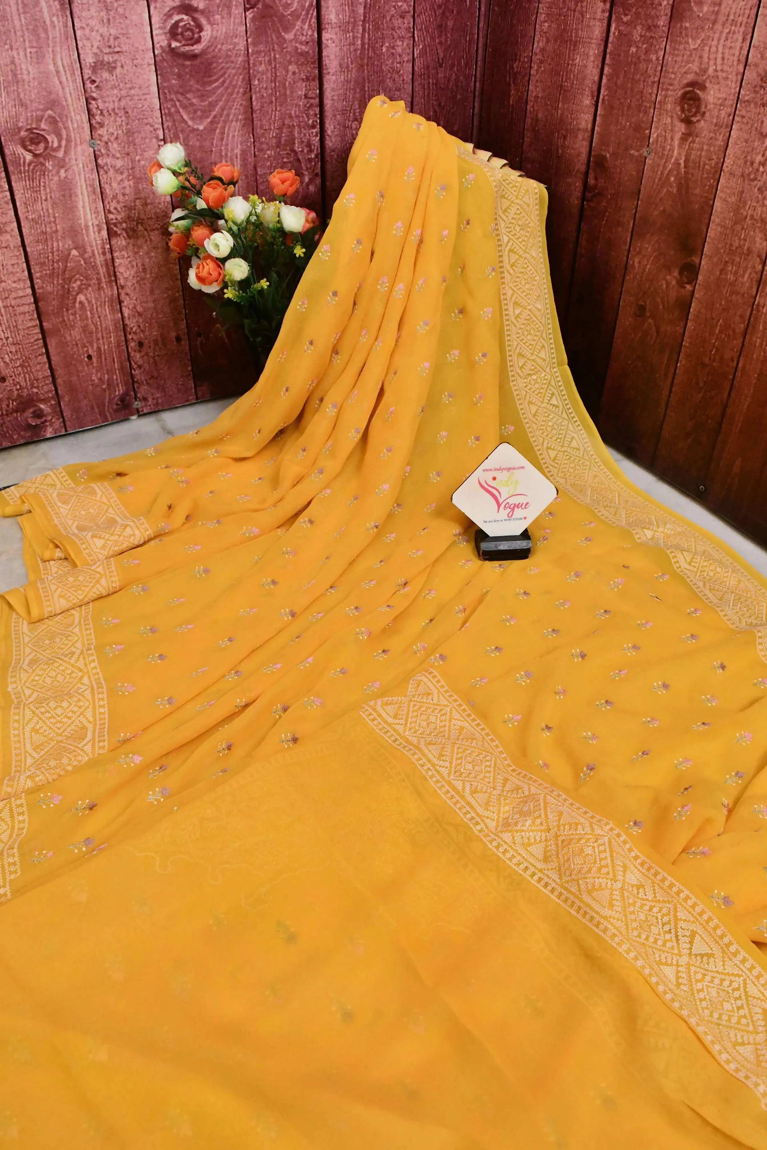 Yellow Color Georgette Saree with Allover Embroidery