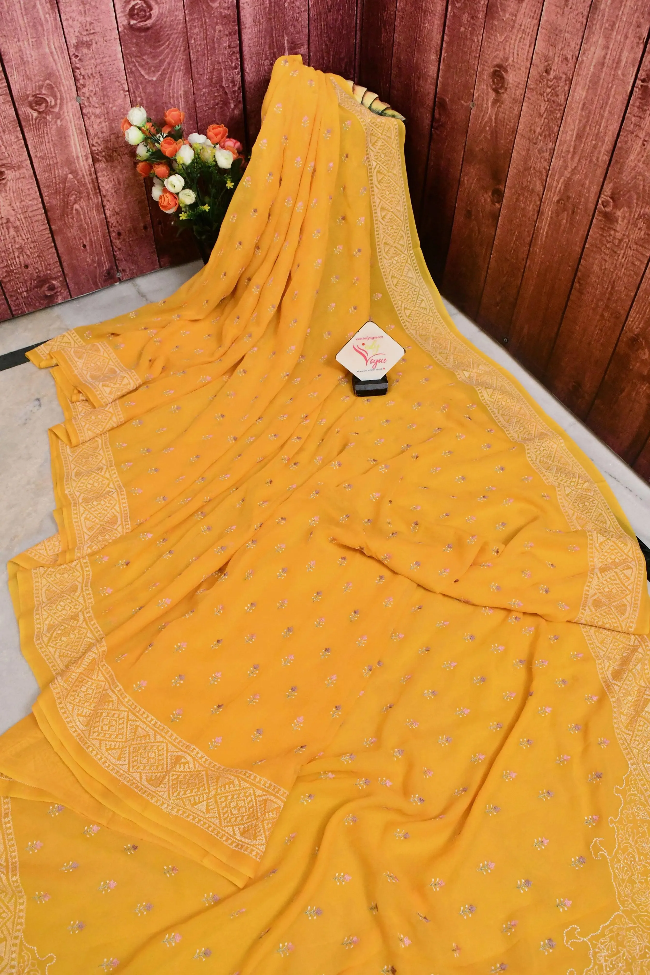 Yellow Color Georgette Saree with Allover Embroidery